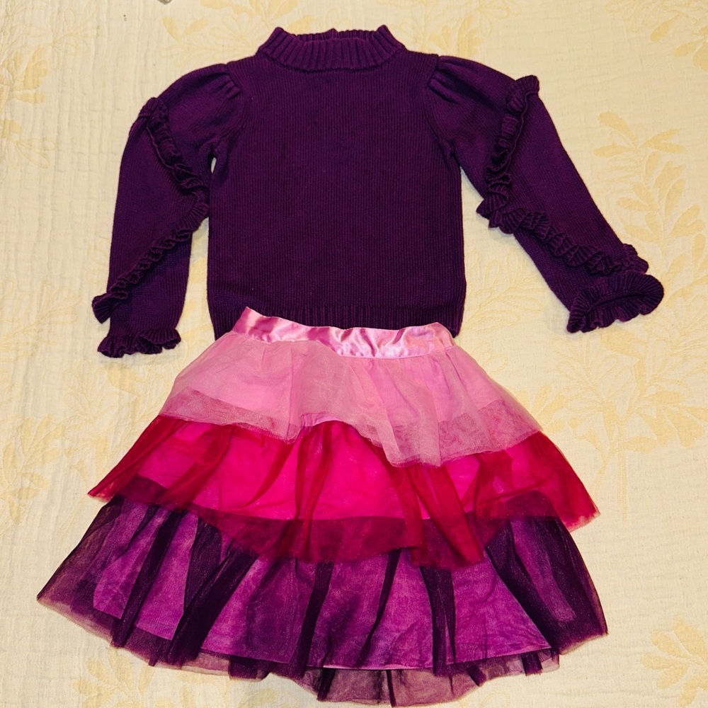 Janie and Jack Purple Ruffled Sweater with Pink Layered Skirt 4t
